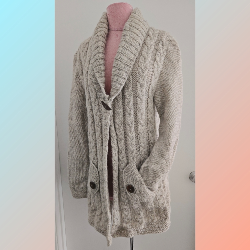 Wool Hand Knit Duster Cardigan Lagenlook Boho Cable Pattern Size XL
